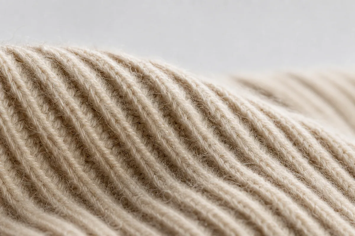 Gros plan sur la maille d&rsquo;un pull en cachemire beige posé à plat, lumière naturelle rasante