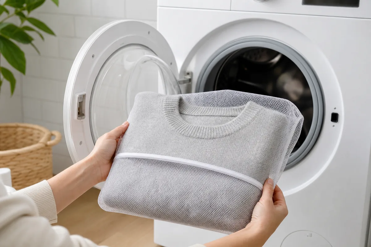 Pull en cachemire plié dans un filet de lavage devant un tambour de lave-linge, salle de bain claire