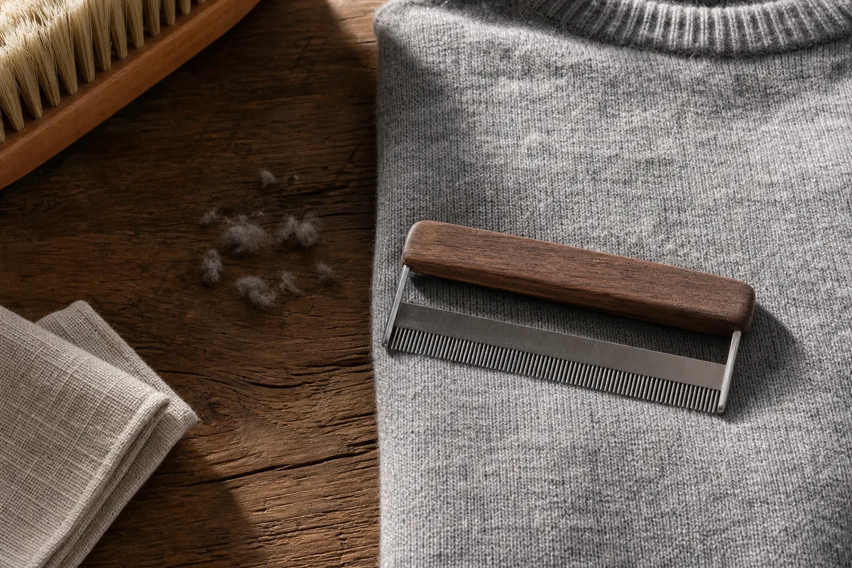 Peigne à cachemire posé sur une maille grise, bouloches retirées à côté sur une table en bois