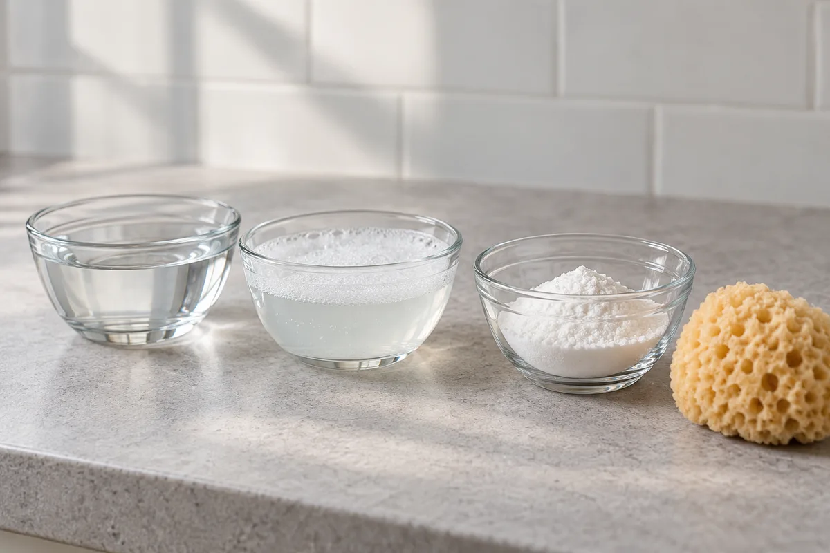 Trois bols en verre contenant de l’eau claire, de l’eau savonneuse et une poudre blanche, près d’une éponge naturelle