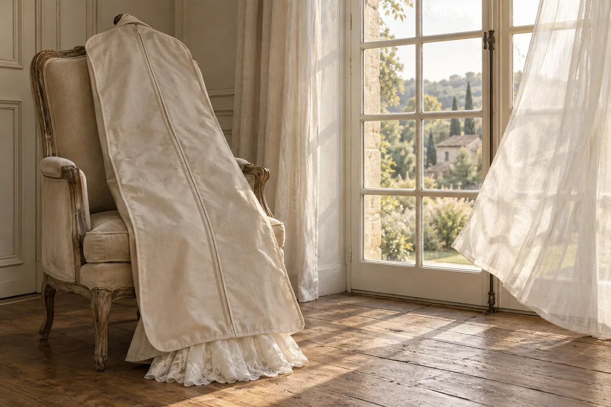 Housse de transport unie fermée sur une robe longue, posée sur un fauteuil près d’une grande fenêtre