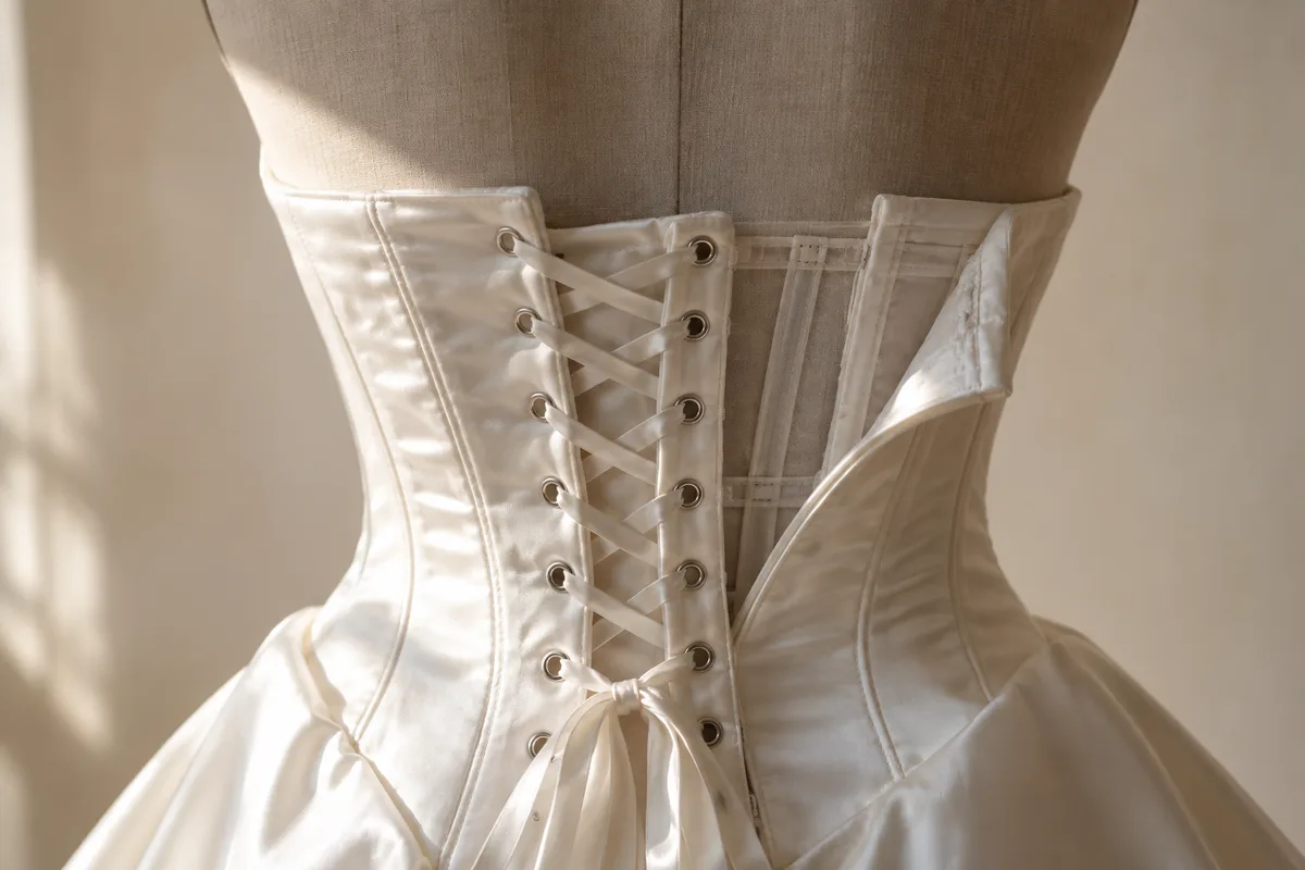 Gros plan sur un laçage de dos et les baleines internes d’un bustier de robe de mariée