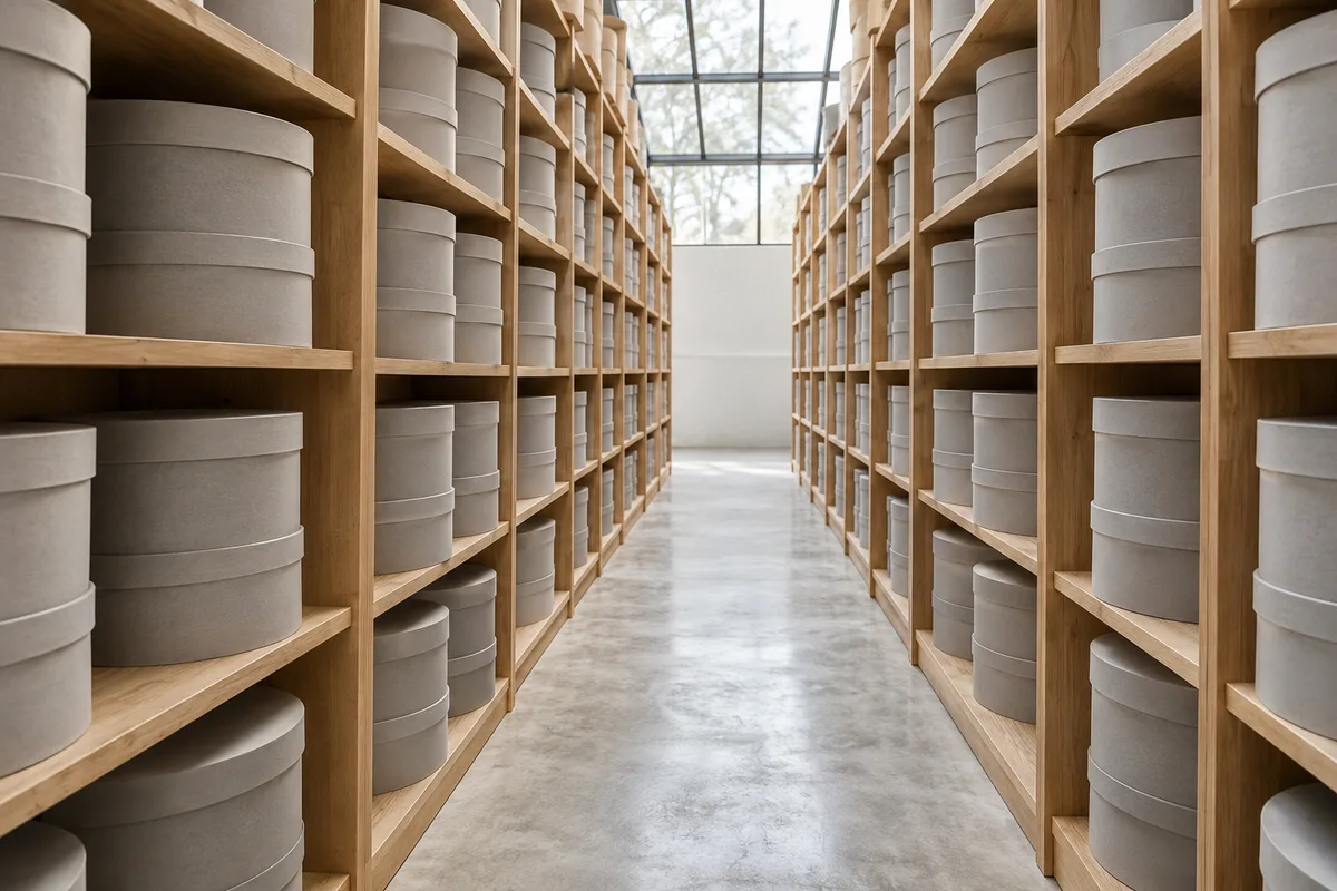 Cartons à chapeau unis rangés sur les étagères d&rsquo;une réserve d&rsquo;archives de mode