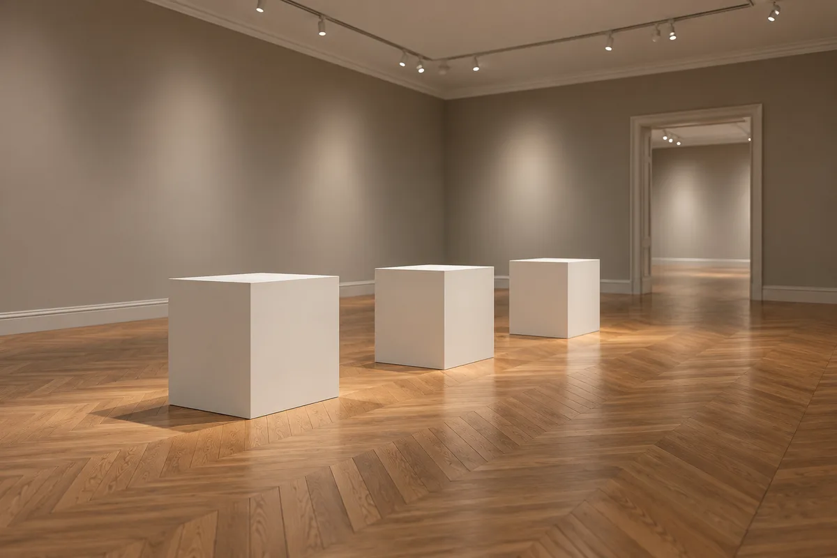 Salle d&rsquo;exposition de musée vide aux socles blancs alignés sous un éclairage doux