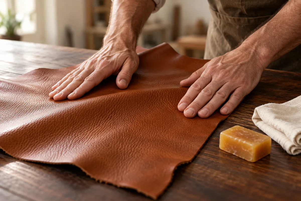 Mains qui nourrissent à la cire un coupon de cuir grainé couleur cognac sur une table de travail en noyer