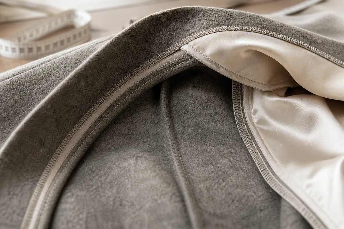 Envers d’une veste montrant des coutures surfilées régulières et une doublure bien fixée