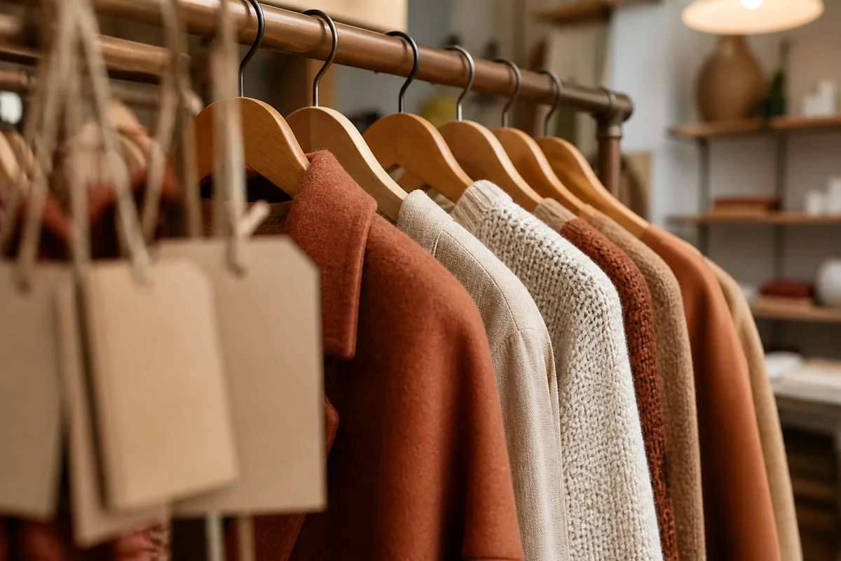 Rayon de vêtements en boutique avec étiquettes d’information et labels textiles visibles