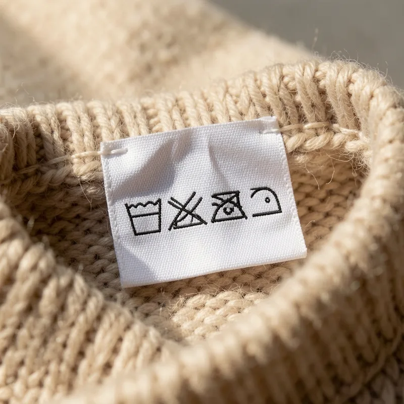 Étiquette d&rsquo;entretien d&rsquo;un pull montrant une cuvette soulignée de deux traits et la température 30 degrés