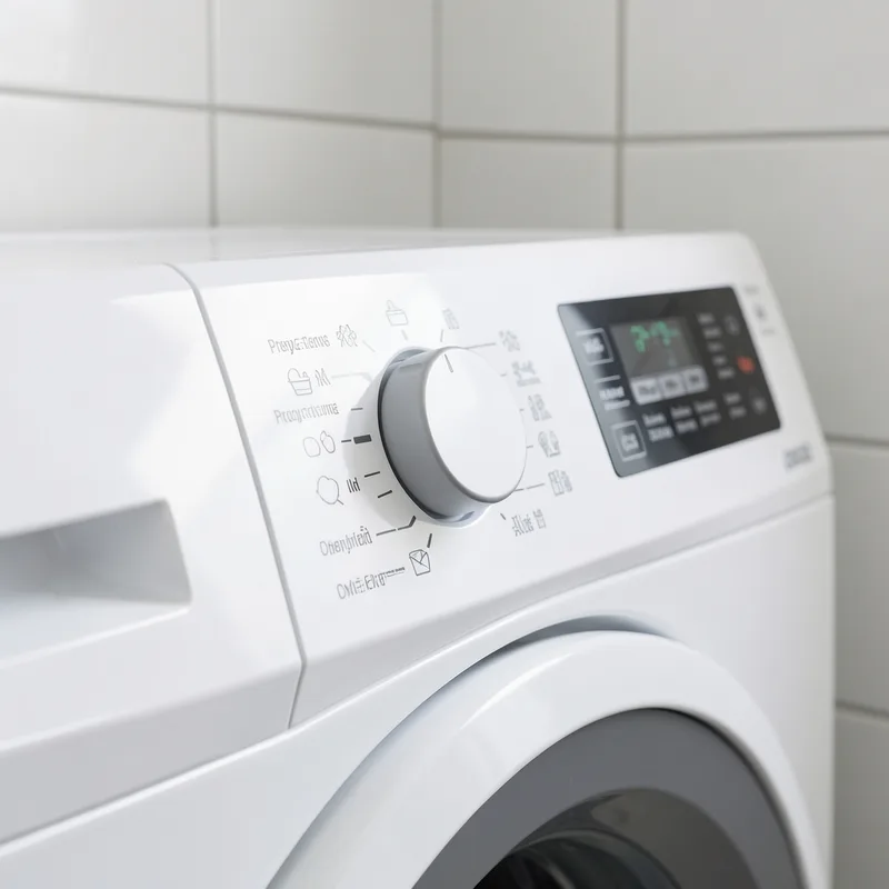 Bandeau de commande d&rsquo;un lave-linge avec le sélecteur positionné sur le programme laine et son pictogramme d&rsquo;écheveau