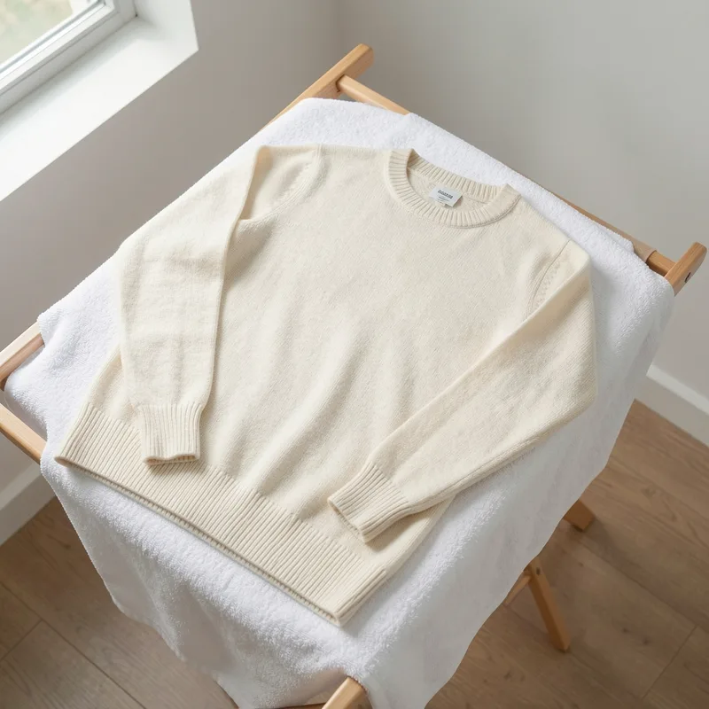 Pull en laine séché à plat sur une serviette blanche près d&rsquo;une fenêtre, forme remise à la main
