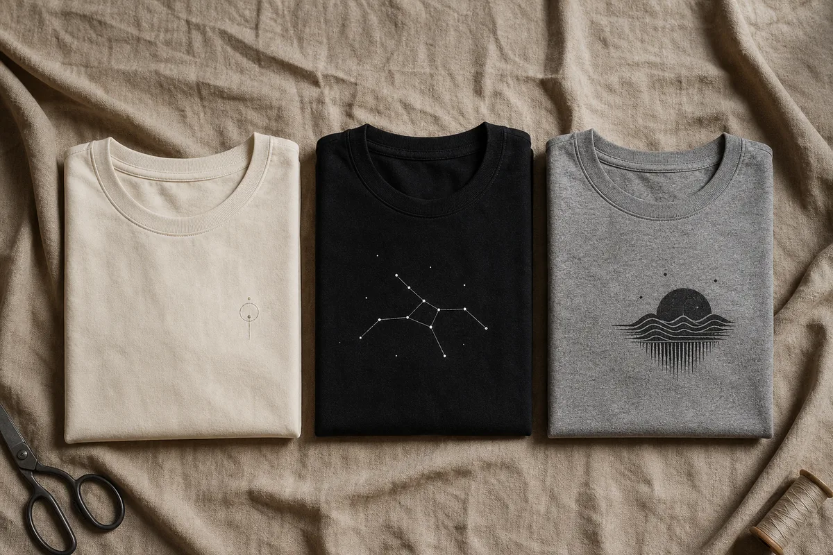 Trois t-shirts blancs à imprimé zodiacal posés à plat sur un drap de lin, lumière naturelle