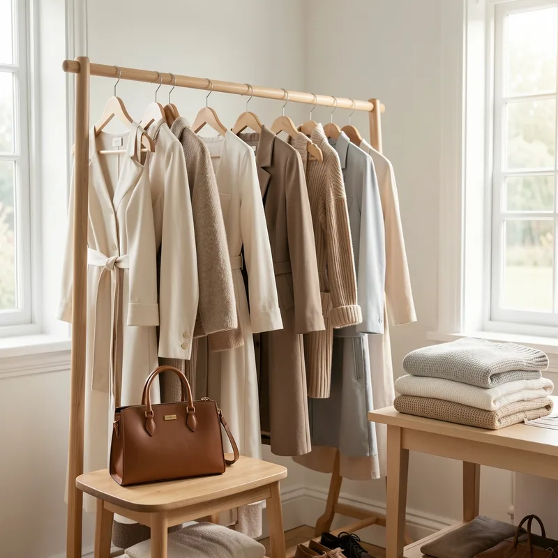Penderie ouverte sur une sélection de pièces féminines bien organisées, manteau, chemisier et chaussures